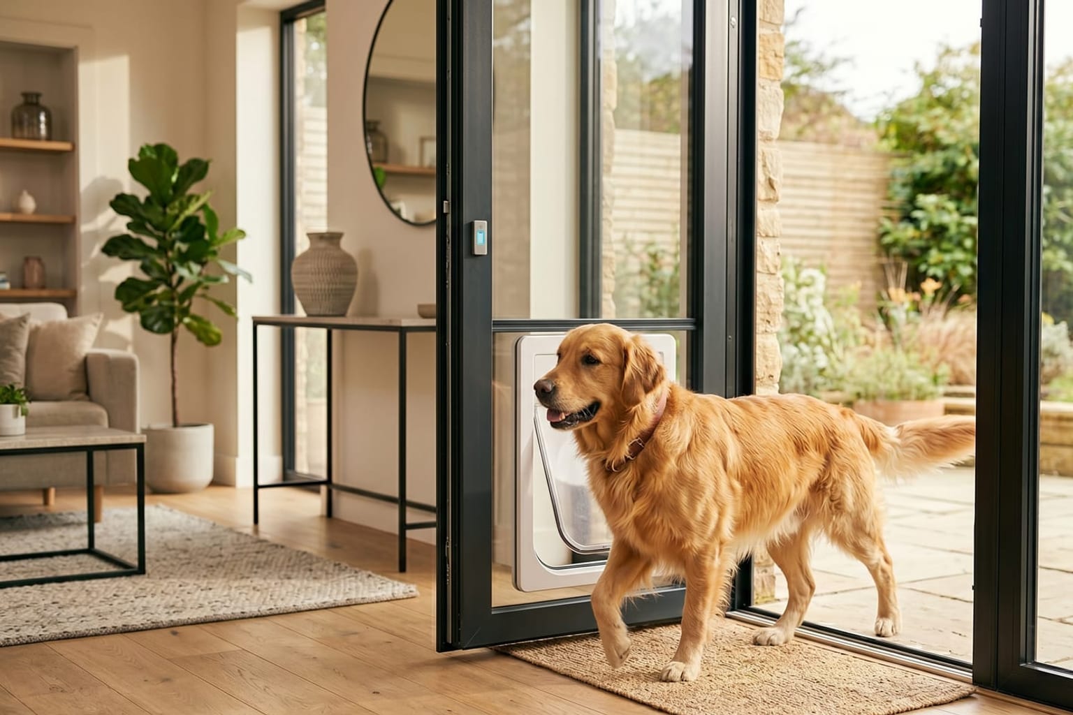 Golden Retriever läuft durch eine moderne automatische Hundeklappe in einer Glas-Terrassentür