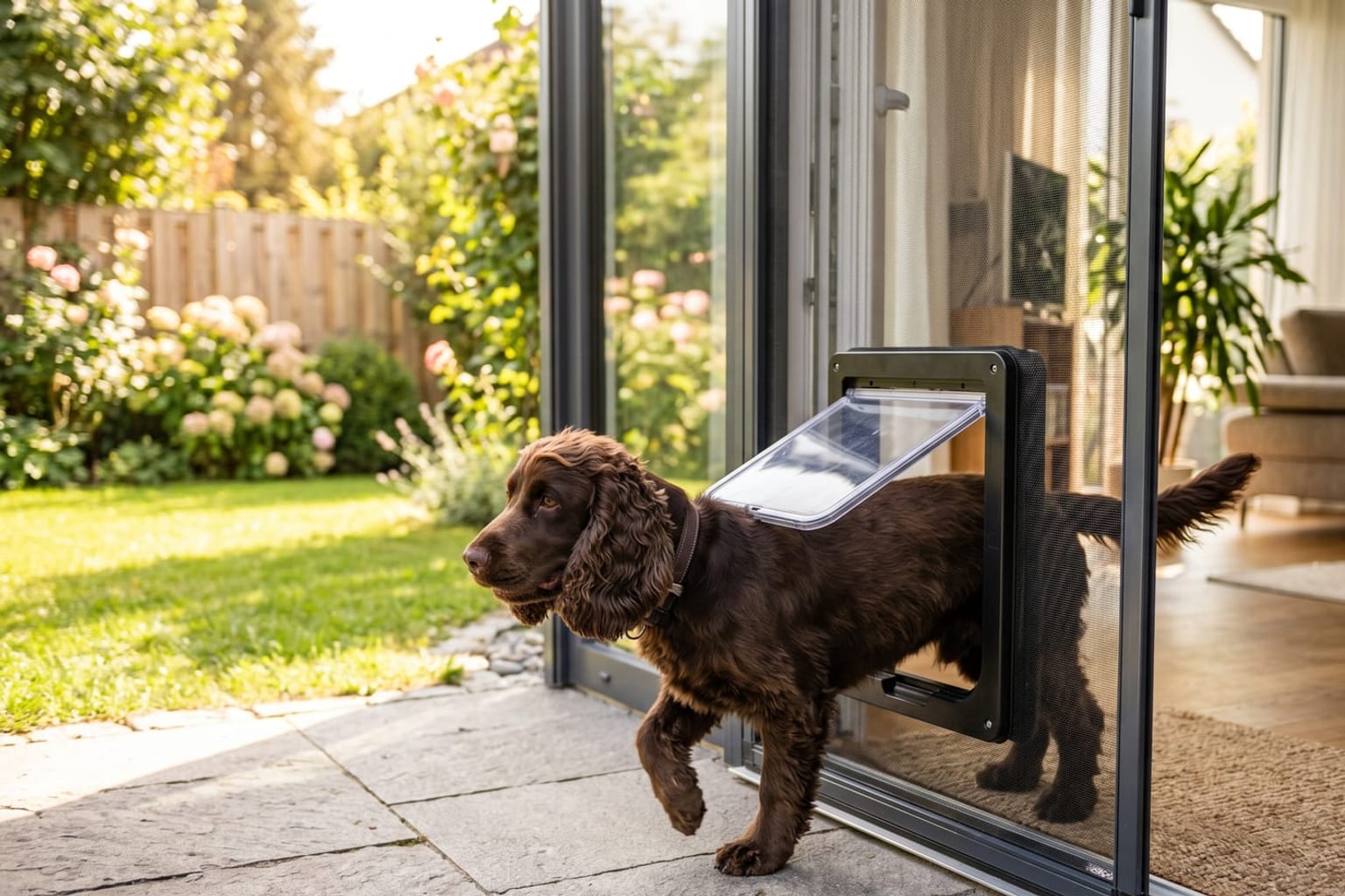 Hund läuft im Sommer durch eine Hundeklappe in einer Terrassentür, Garten und Insektenschutz im Hintergrund