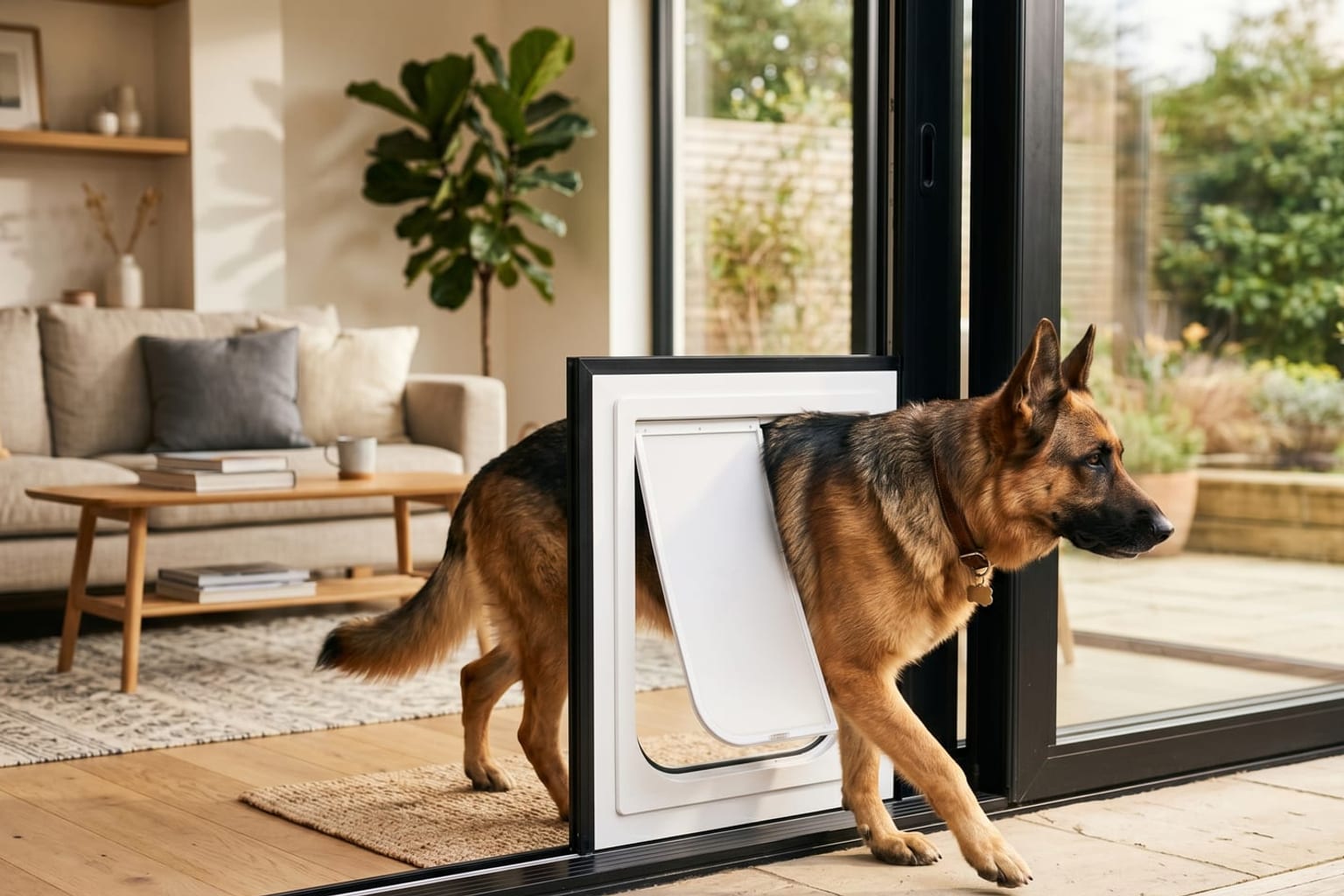 Großer Deutscher Schäferhund läuft durch eine große Hundeklappe in einer Glas-Terrassentür
