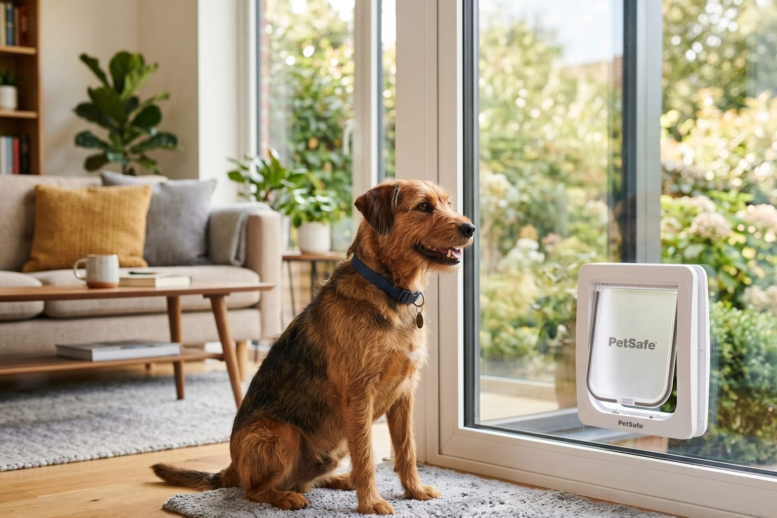 Hund sitzt aufmerksam neben einer modernen Hundeklappe in einer Glas-Terrassentür