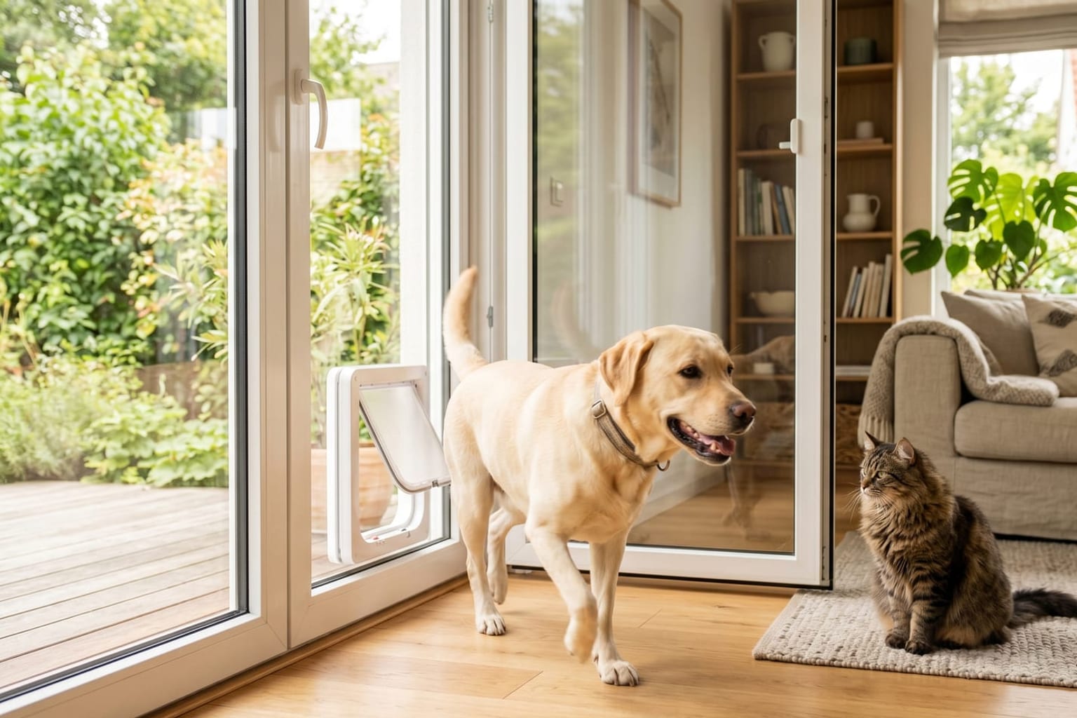 Labrador läuft durch eine Hundeklappe in einer Glas-Terrassentür, eine Katze sitzt entspannt im hellen Wohnzimmer
