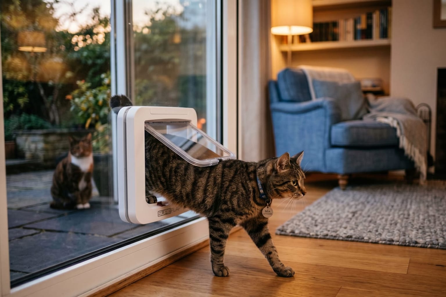 Katze mit Halsband läuft durch eine Chip-Katzenklappe in einer Glastür, eine fremde Katze bleibt draußen